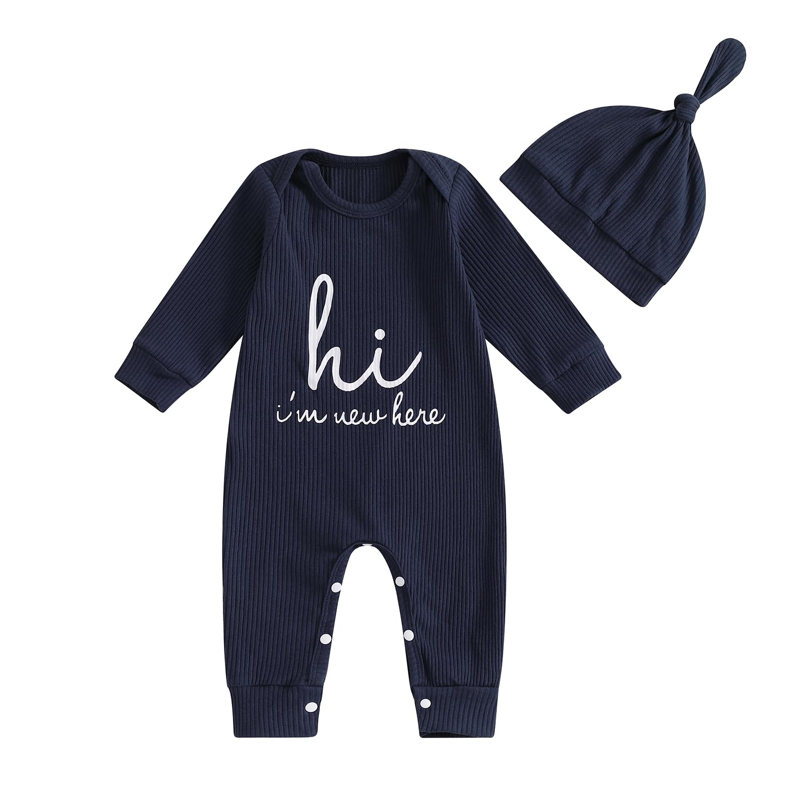 MERSARIPHY Newborn Baby Boy Girl Clothes Hi Im New Here Coming Home From Hospital Outfits Gender Neutral One Piece Romper (Dark Blue 0-3 Months)